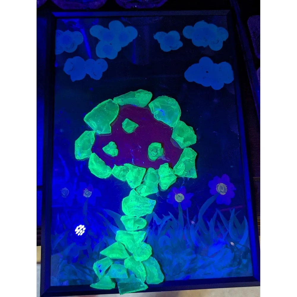 Handmade UV Glow Mushroom Slag Glass Mixed Media Framed Art‎ Blacklight Trippy